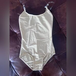 Natalie Dancewear Kids Simple Cream Nude Leotard Clear Straps - Size 12/14